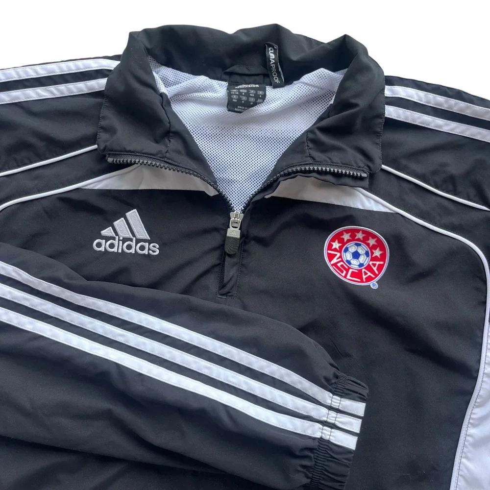 Adidas ClimaProof Mens S Black White NSCAA Soccer 1/4 Zip Windbreaker Jacket Y2K